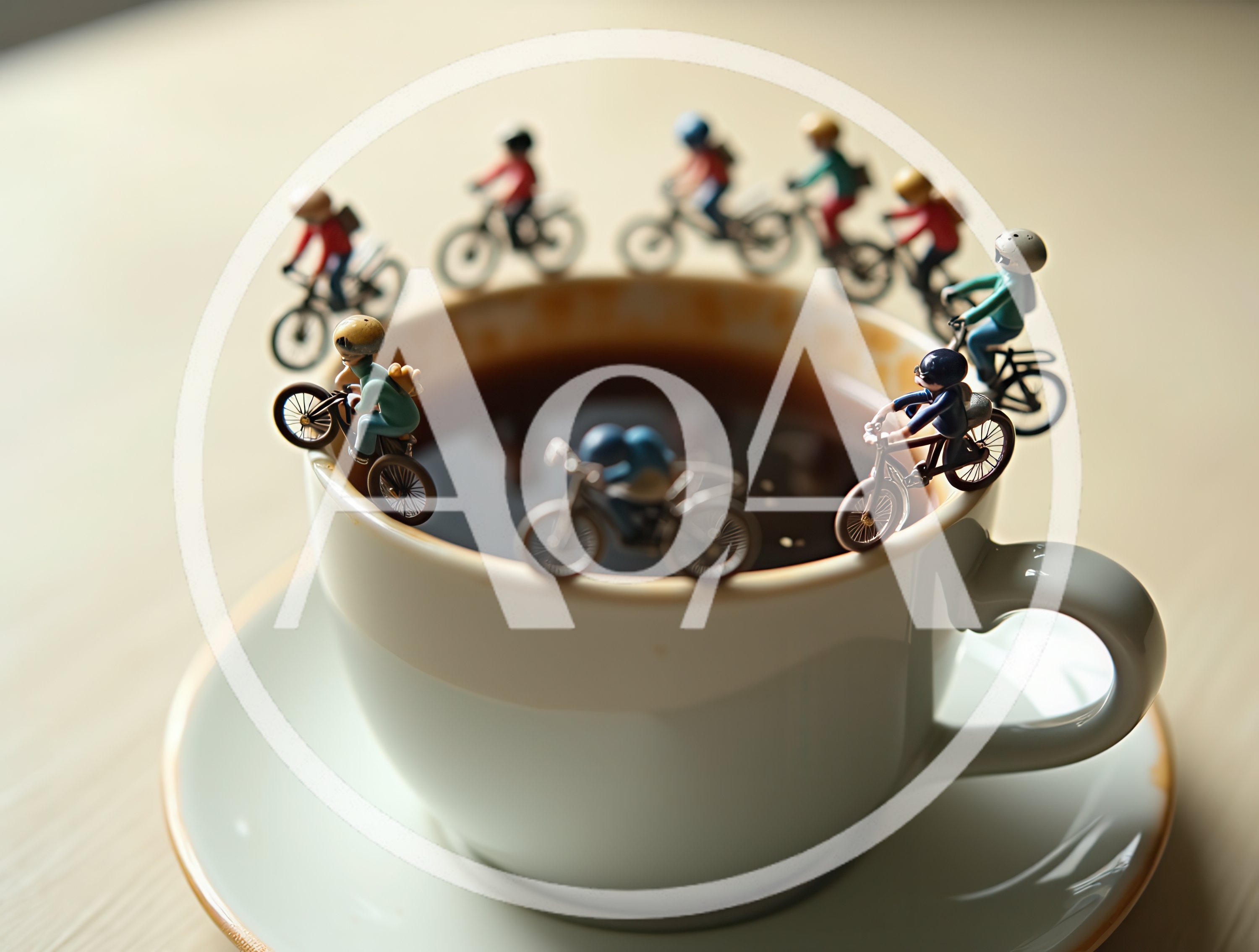 Miniature Cyclists Riding Around A Coffee Cup Rim
