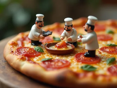 Miniature Chef Figurines Preparing Toppings On A Pizza