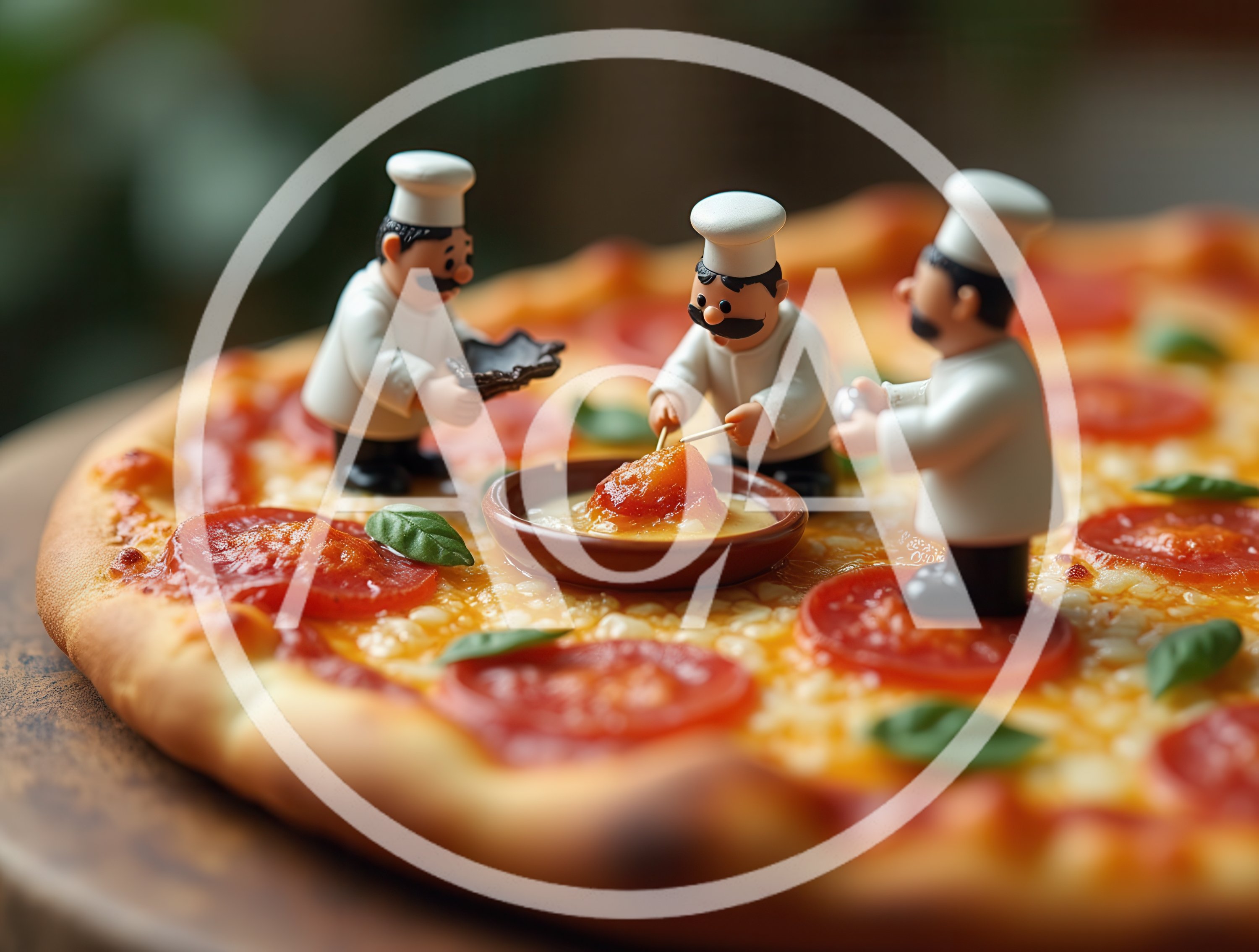 Miniature Chef Figurines Preparing Toppings On A Pizza