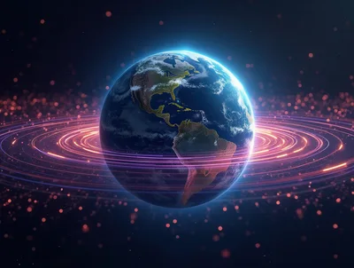 Digital Earth Globe With Glowing Orbital Data Rings