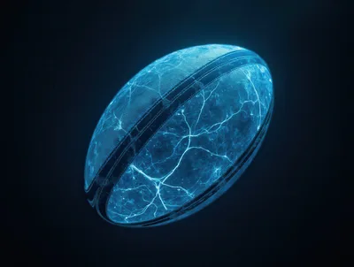 Glowing Electric Blue Rugby Ball Floating In Darkness