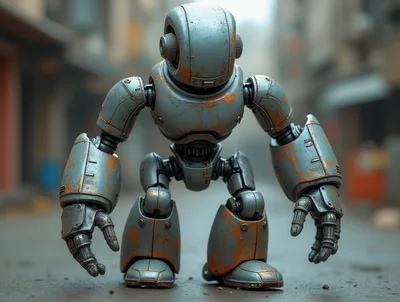 Weathered Industrial Robot Standing In Urban Street