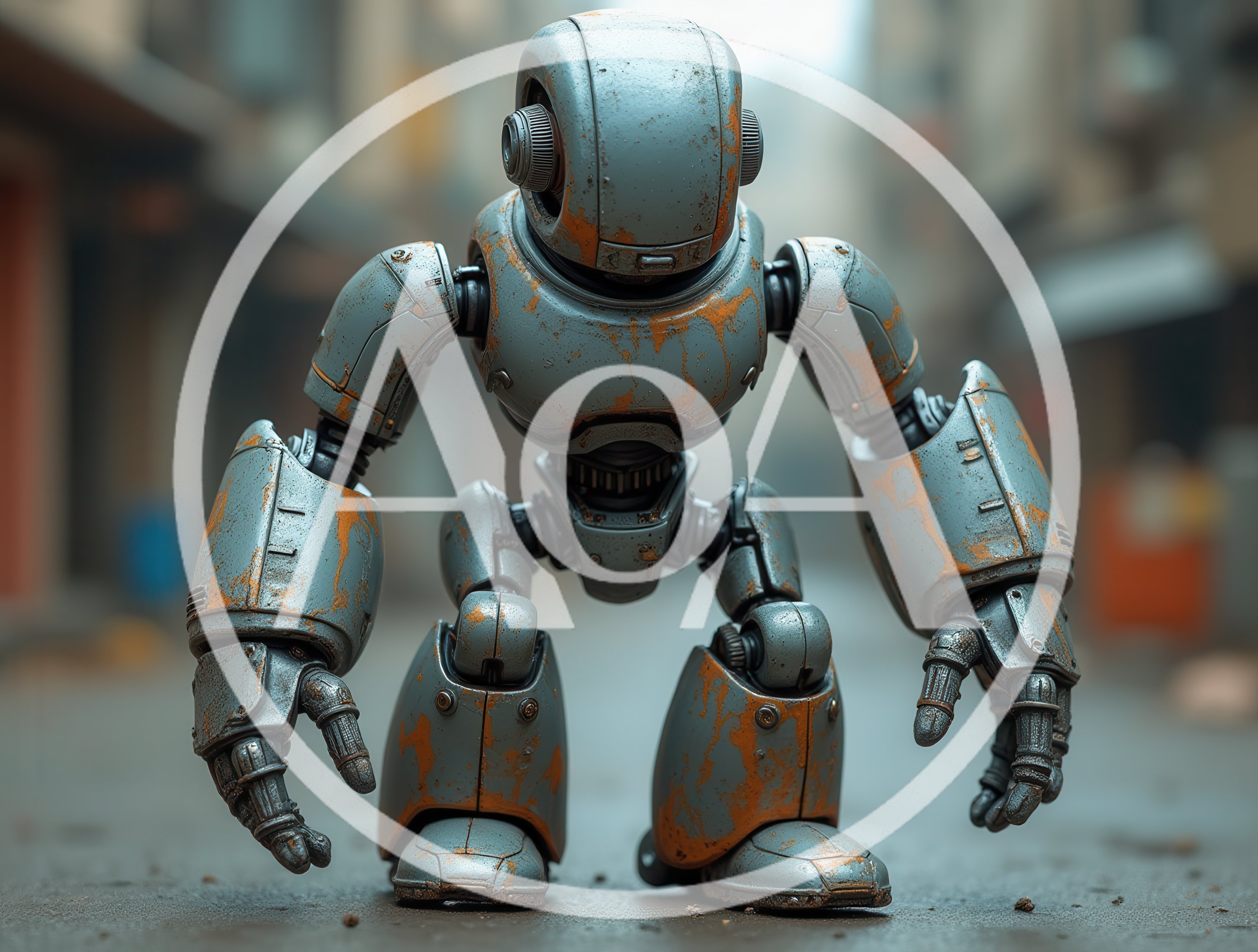 Weathered Industrial Robot Standing In Urban Street
