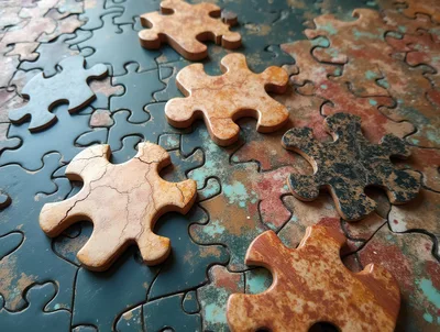Jigsaw Puzzle Pieces Scattered On A Textured Surface