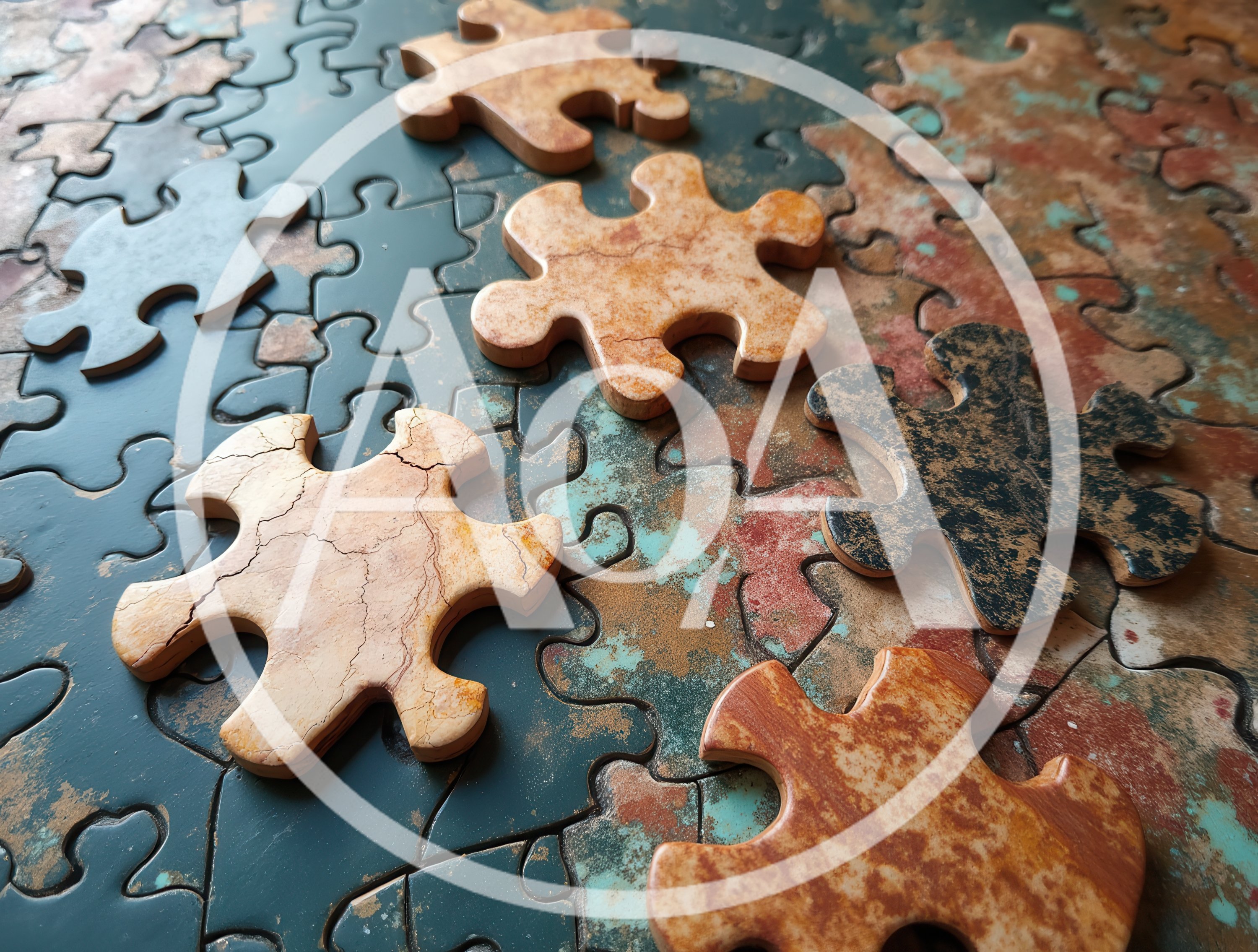 Jigsaw Puzzle Pieces Scattered On A Textured Surface