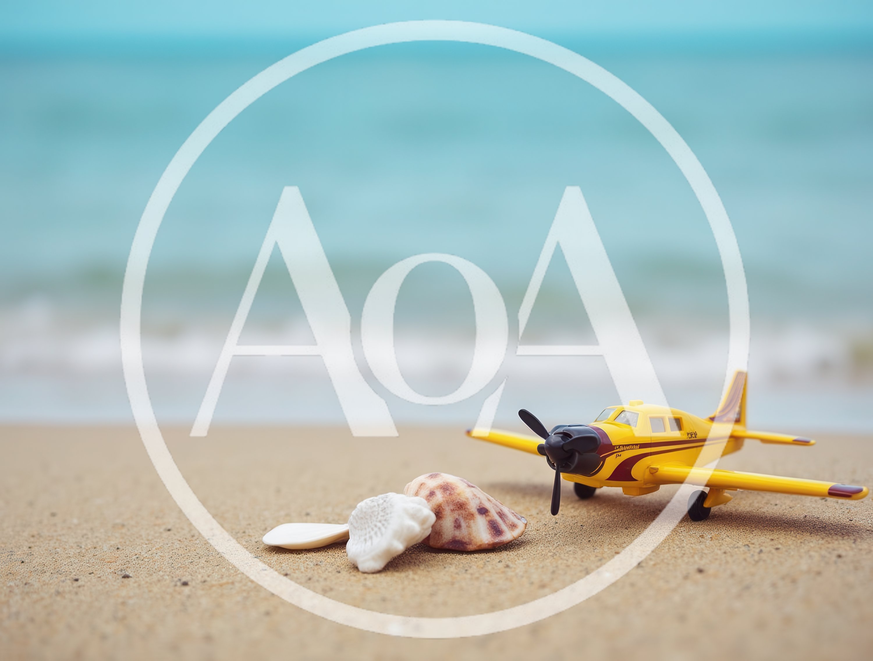 Yellow Toy Airplane And Seashells On Sandy Beach