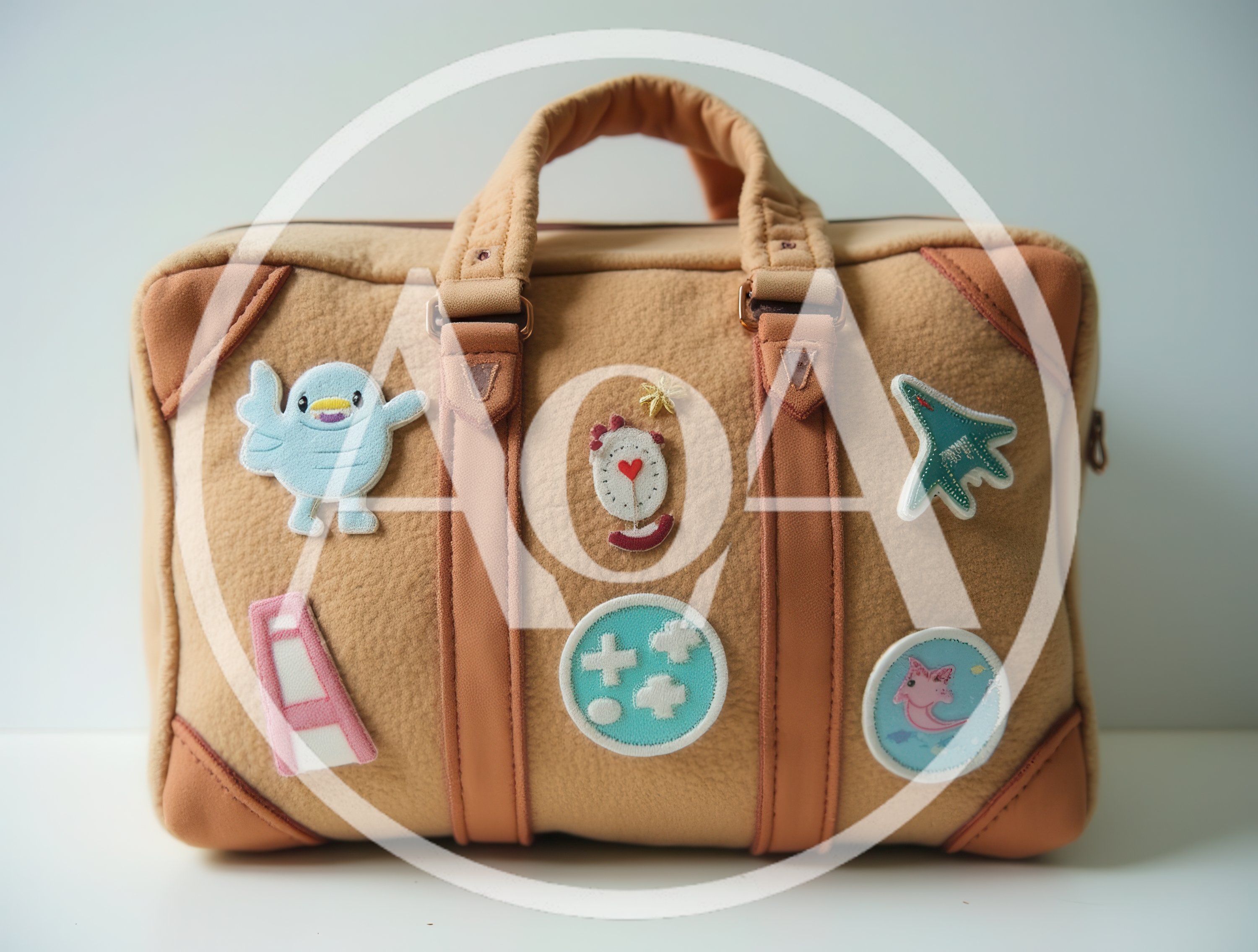 Tan Felt Travel Bag With Decorative Patches
