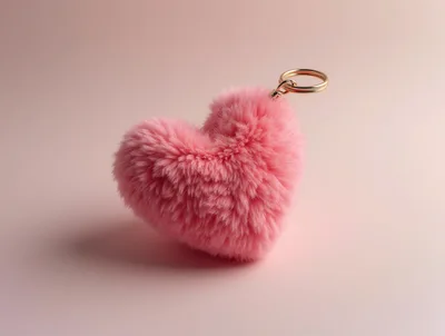 Pink Fluffy Heart Keychain on Pastel Background