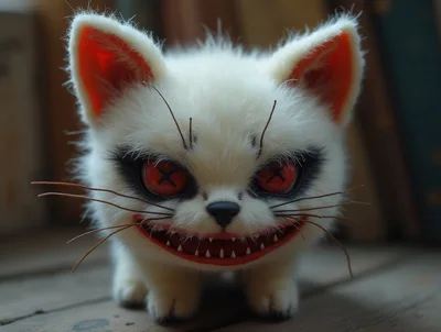 Creepy White Furry Cat Doll With Red Eyes