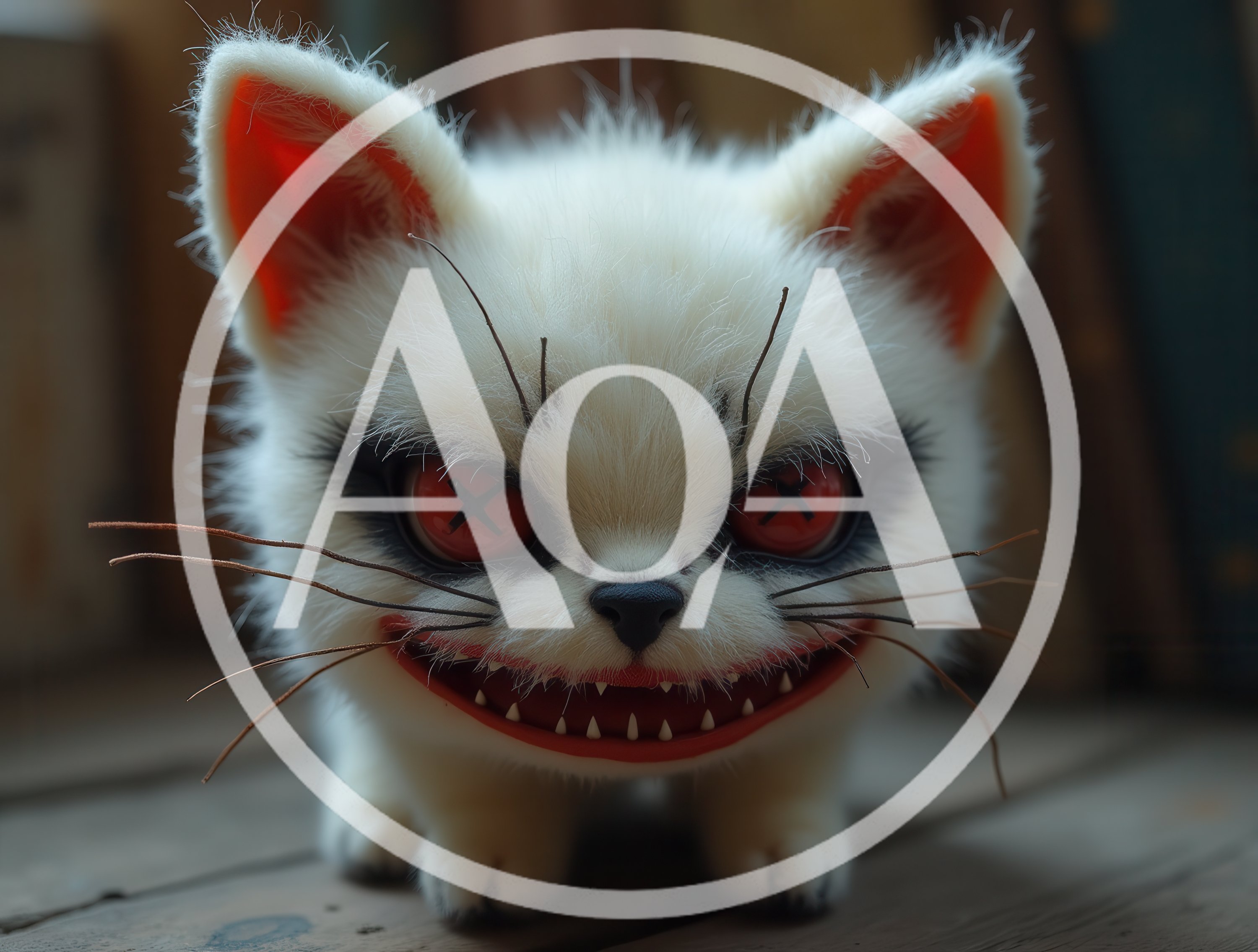 Creepy White Furry Cat Doll With Red Eyes