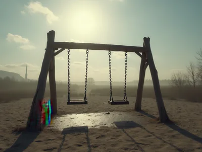 Empty Wooden Swing Set On A Misty Beach