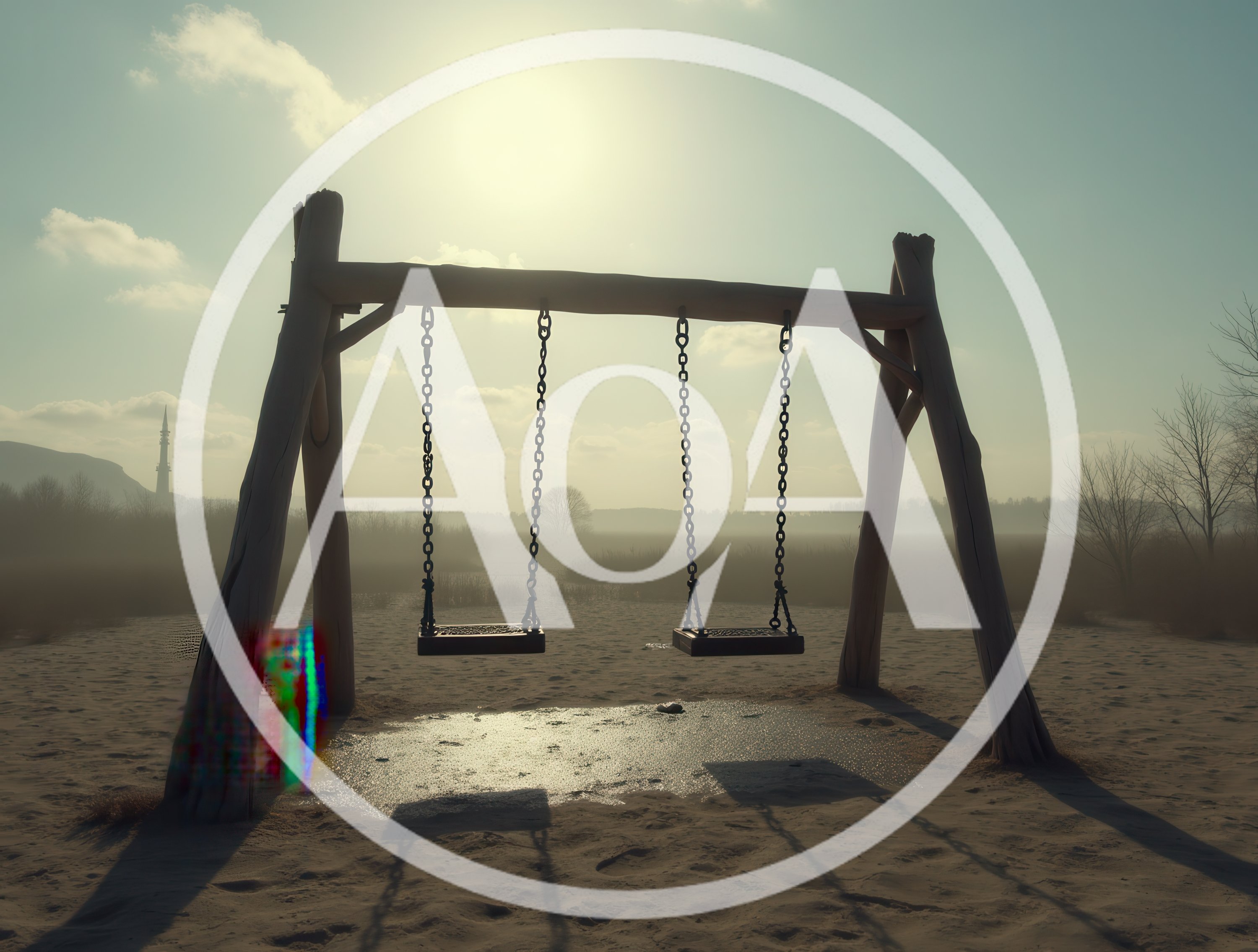 Empty Wooden Swing Set On A Misty Beach