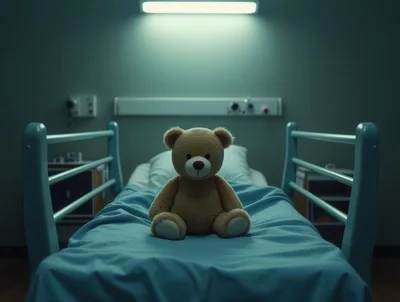 Teddy Bear Sitting Alone On A Hospital Bed