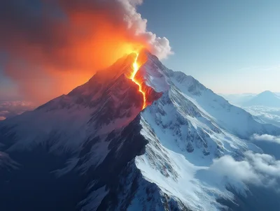 Erupting Snow Covered Mountain Peak With Lava Flow