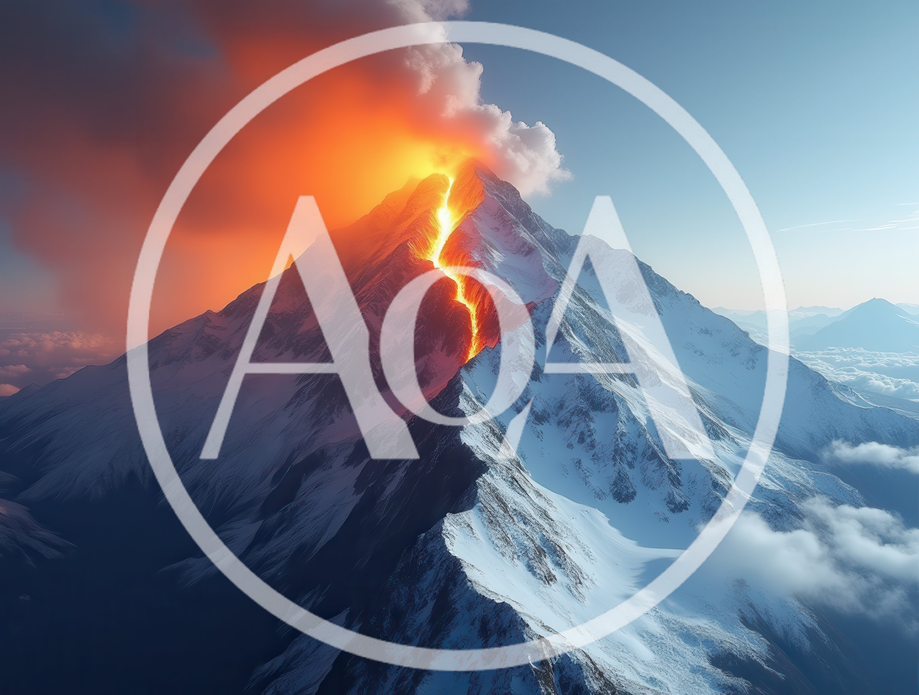 Erupting Snow Covered Mountain Peak With Lava Flow