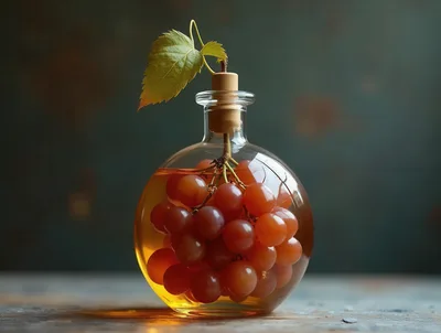 Grapes Inside A Glass Bottle With Cork Stopper