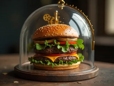 Gourmet Double Cheeseburger Under A Glass Cloche