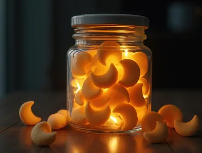 Glowing Crescent Moon Shaped Treats In A Glass Jar