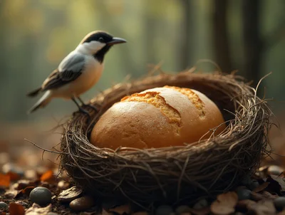 Small Bird Perched Beside A Loaf Of Bread In A Nest