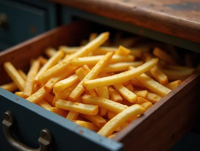 French Fries Stored Inside A Wooden Kitchen Drawer