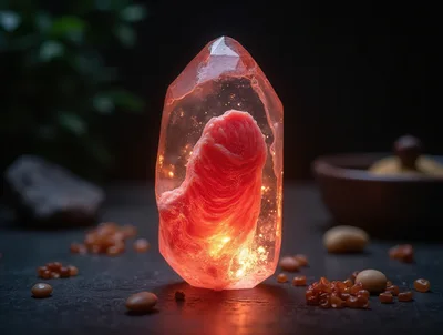 Glowing Red Crystal Containing Organic Matter