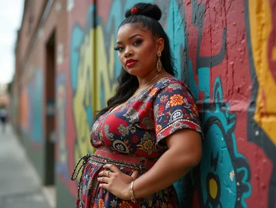 Stylish Plus Size Woman Posing Against Graffiti Wall