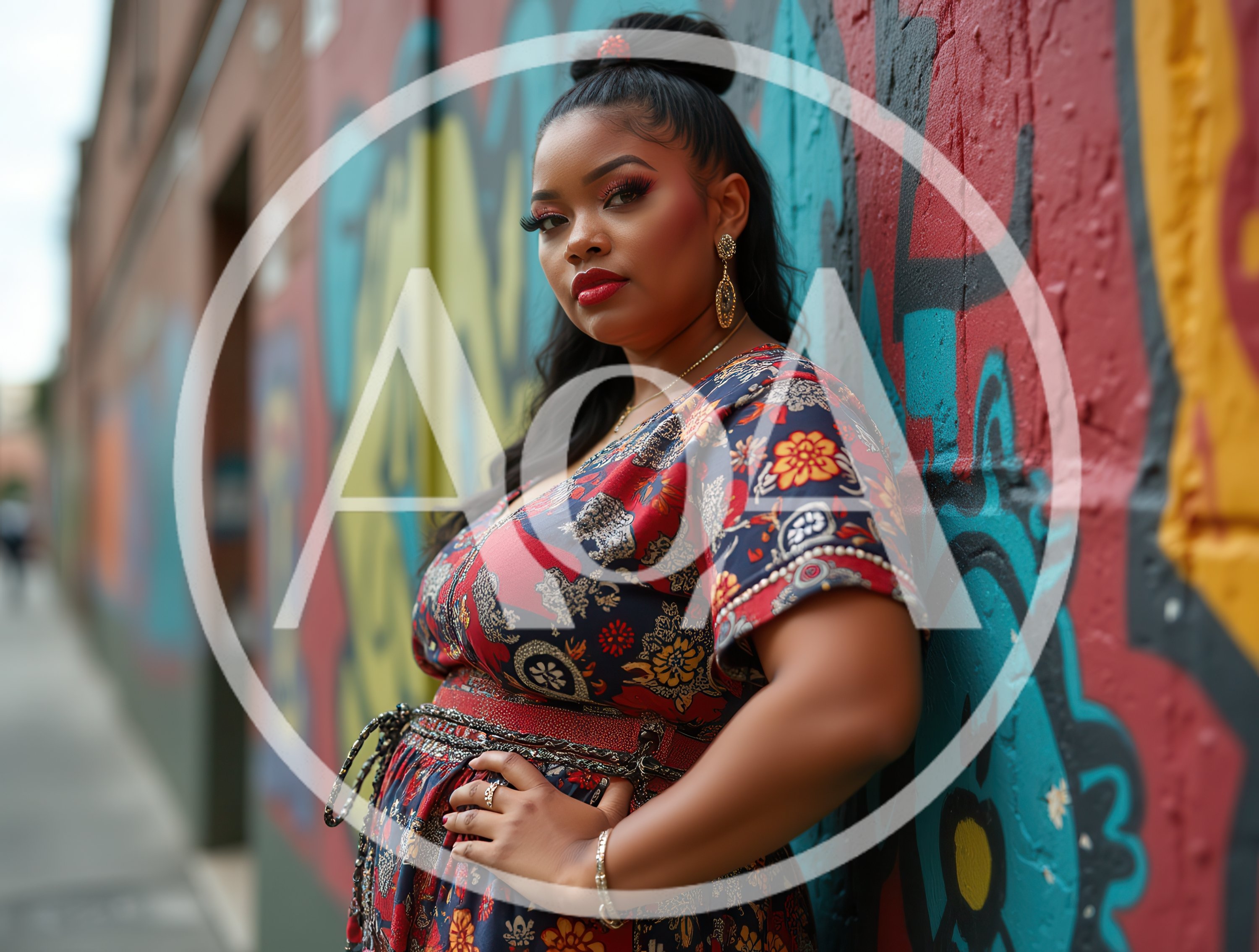 Stylish Plus Size Woman Posing Against Graffiti Wall