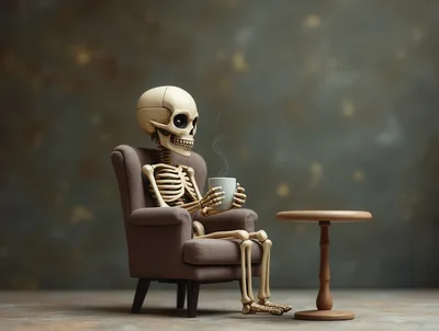Skeleton Sitting In Armchair Drinking Hot Coffee