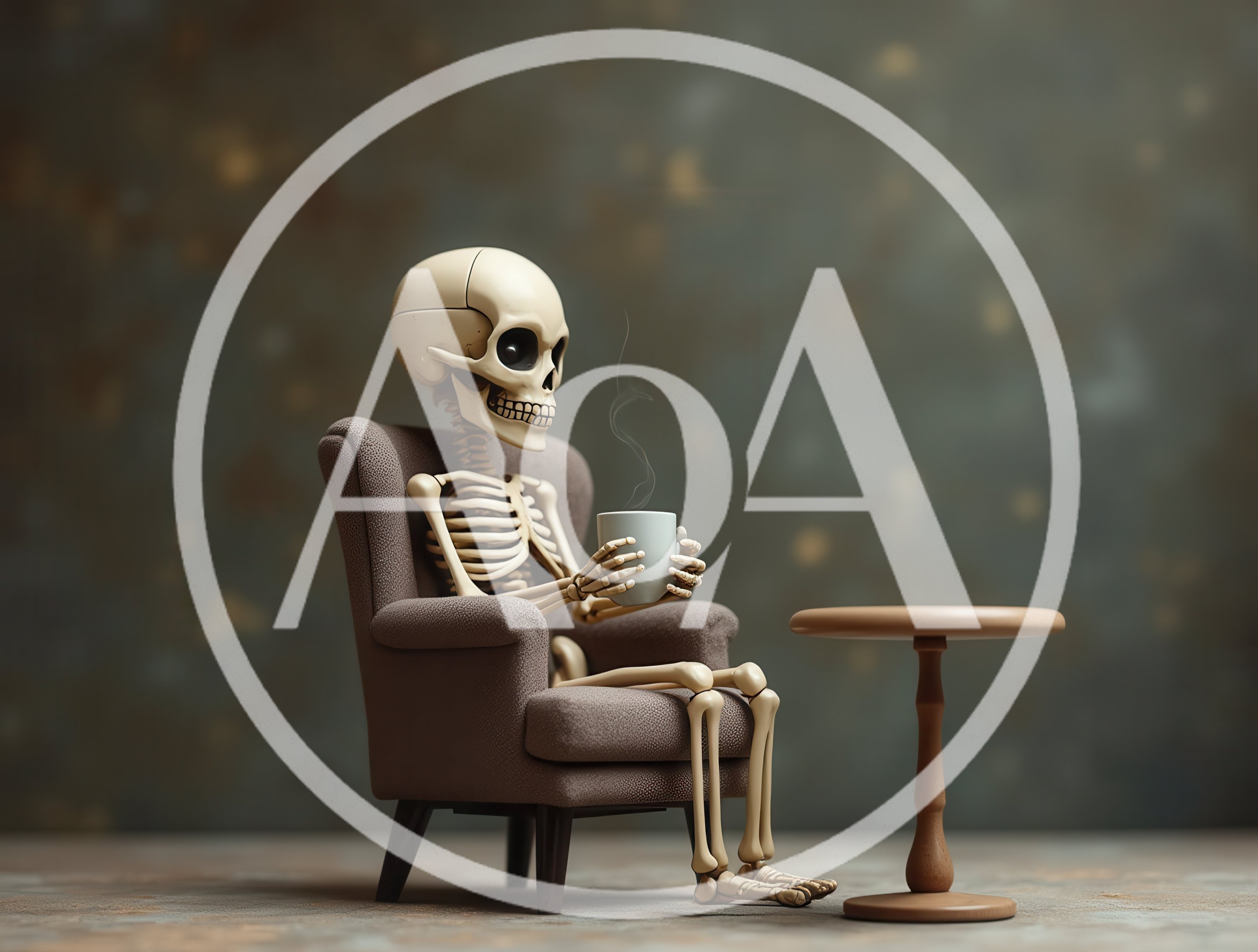 Skeleton Sitting In Armchair Drinking Hot Coffee
