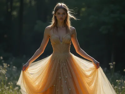 Elegant Woman In Sparkling Gold Gown In Forest