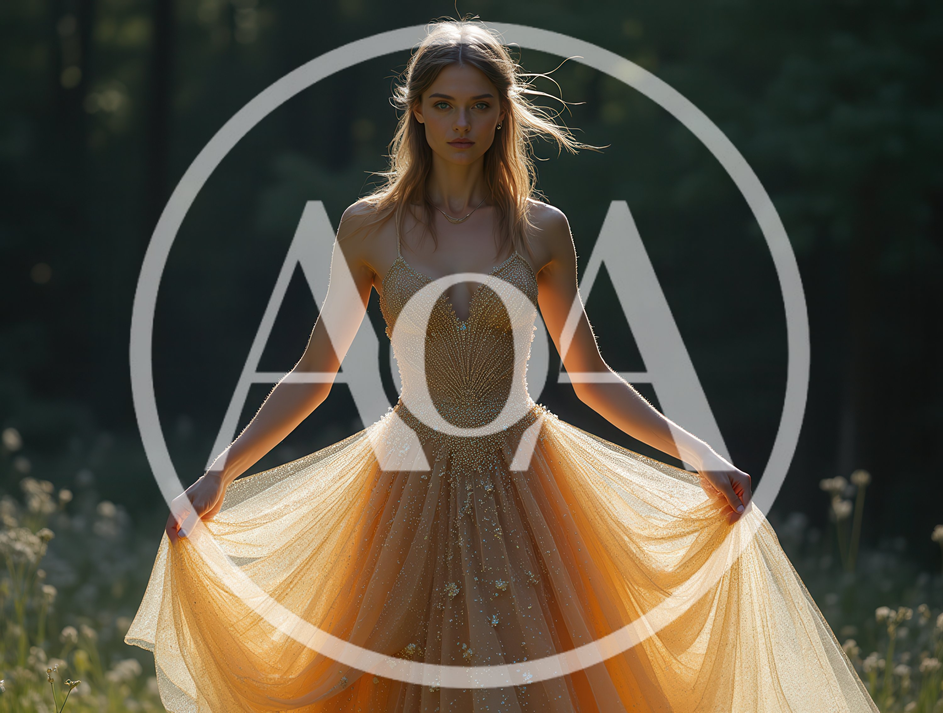 Elegant Woman In Sparkling Gold Gown In Forest