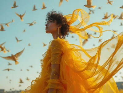 Woman In Yellow Dress Surrounded By Flying Birds