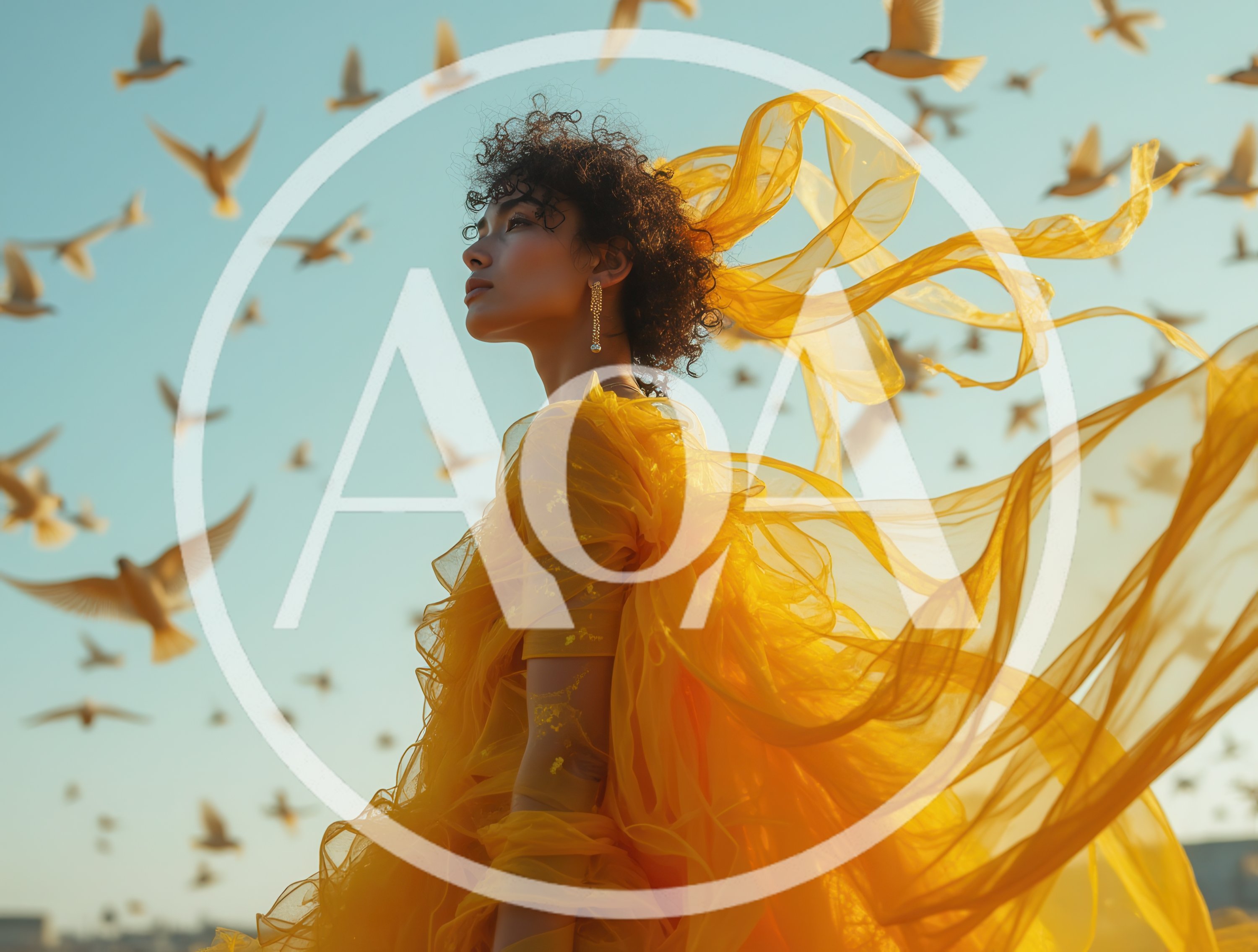Woman In Yellow Dress Surrounded By Flying Birds