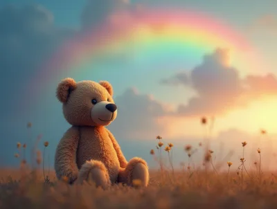 Teddy Bear Sitting In A Meadow Under A Rainbow
