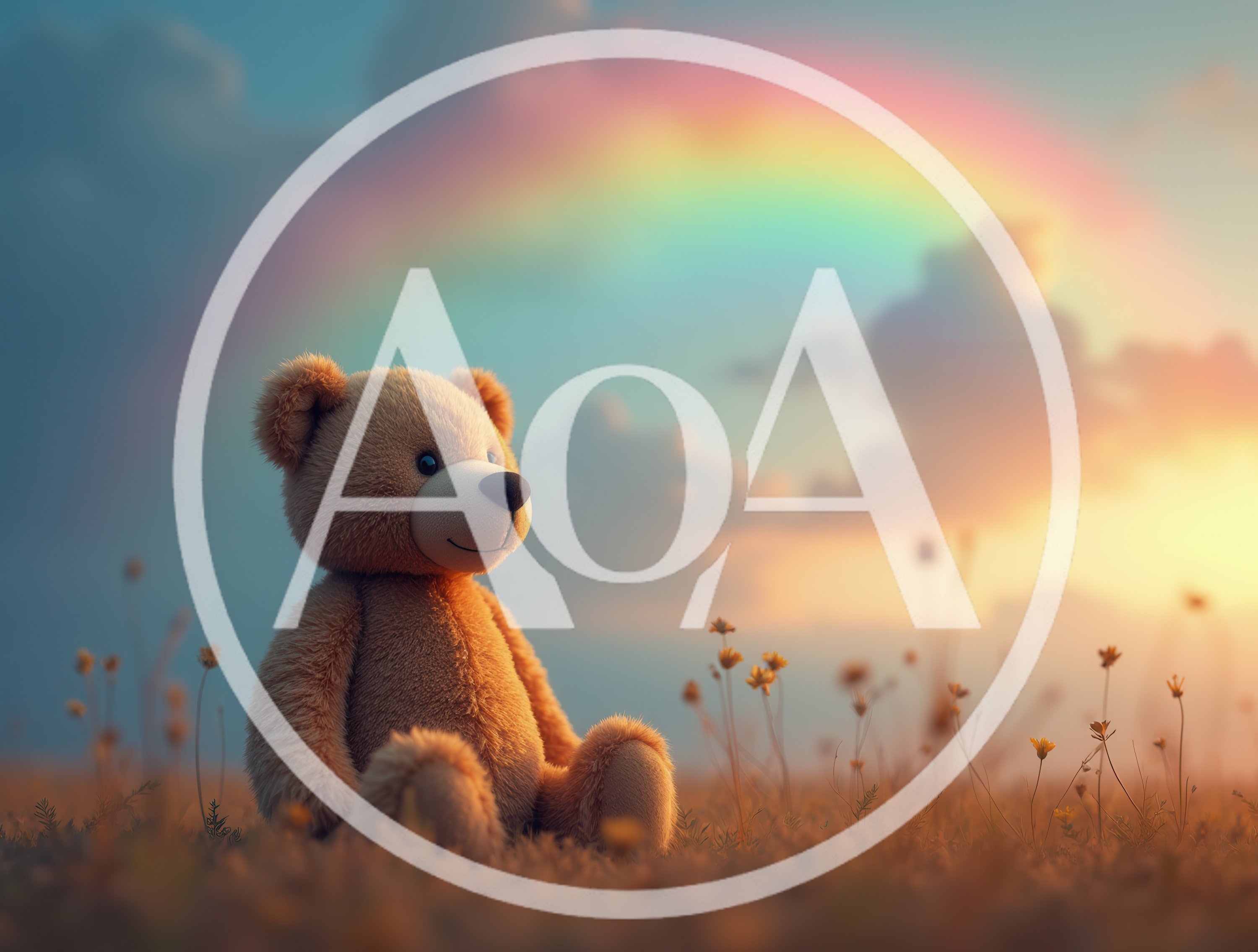 Teddy Bear Sitting In A Meadow Under A Rainbow