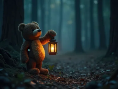 Teddy Bear Holding A Lantern In A Dark Forest
