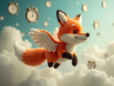 Cute Winged Fox Flying Through Dreamy Clouds