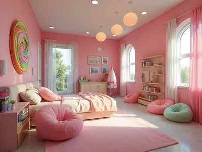 Cozy Pink Bedroom Interior With Bean Bag Chairs