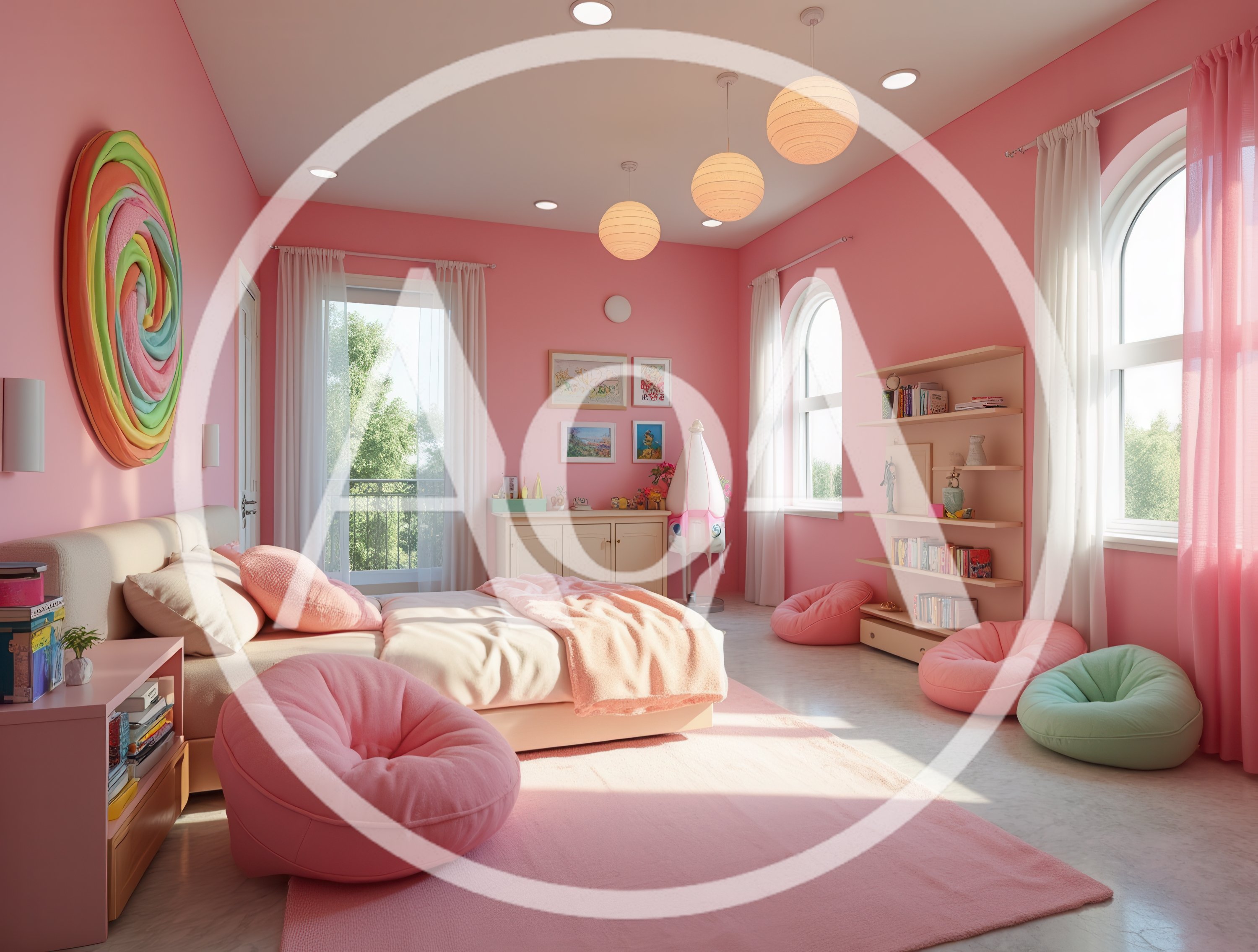Cozy Pink Bedroom Interior With Bean Bag Chairs