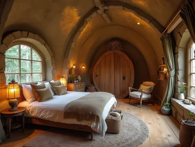 Cozy Hobbit Style Bedroom With Arched Stone Ceiling