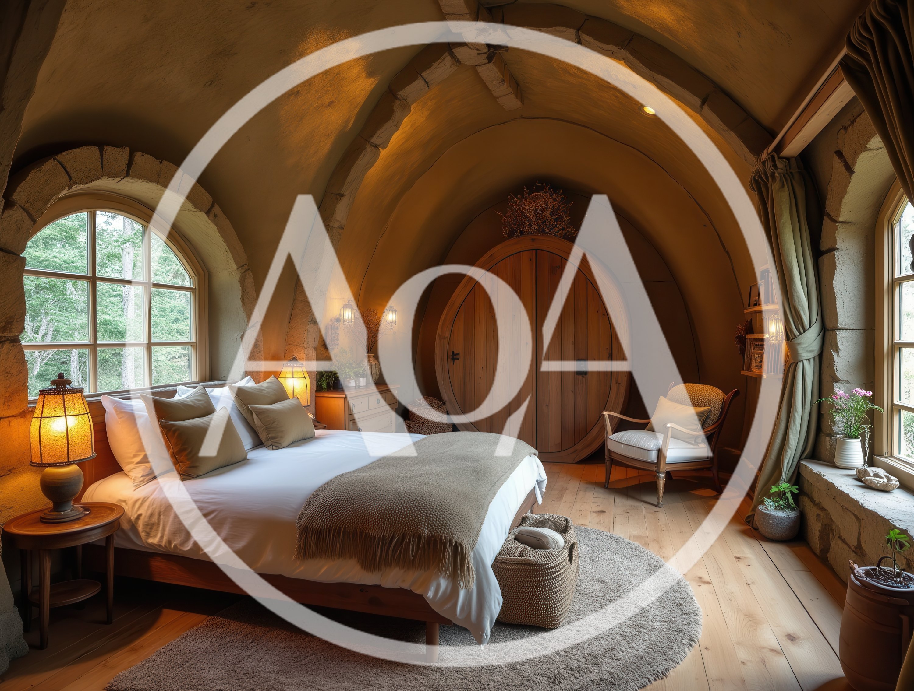 Cozy Hobbit Style Bedroom With Arched Stone Ceiling