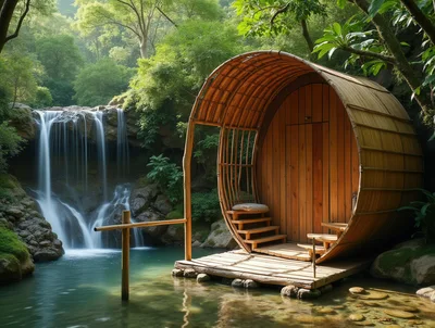 Wooden Barrel Cabin Beside A Tropical Waterfall