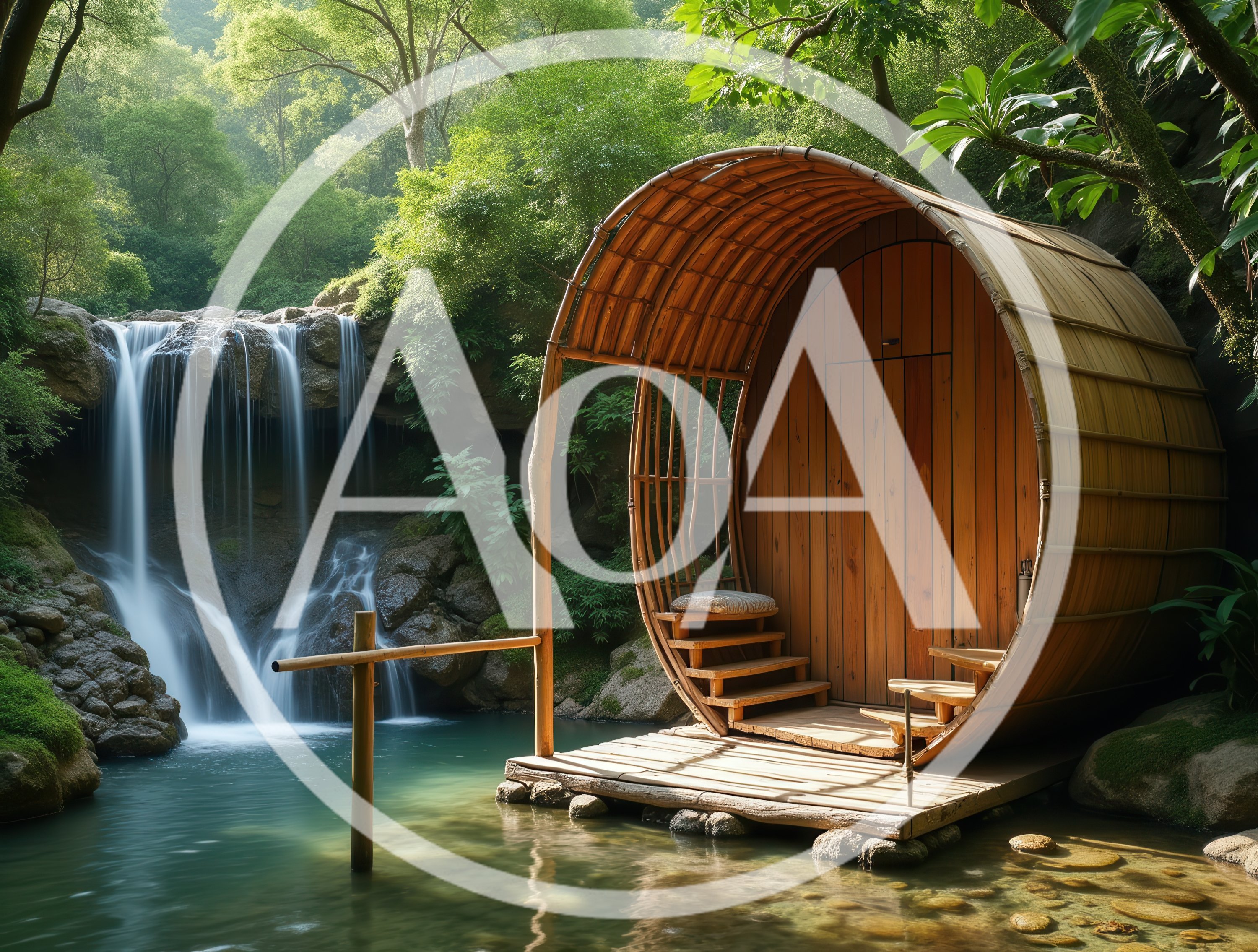 Wooden Barrel Cabin Beside A Tropical Waterfall