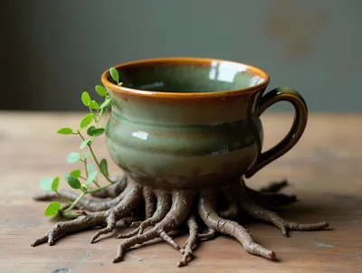 Ceramic Mug With Tree Root Base And Plant
