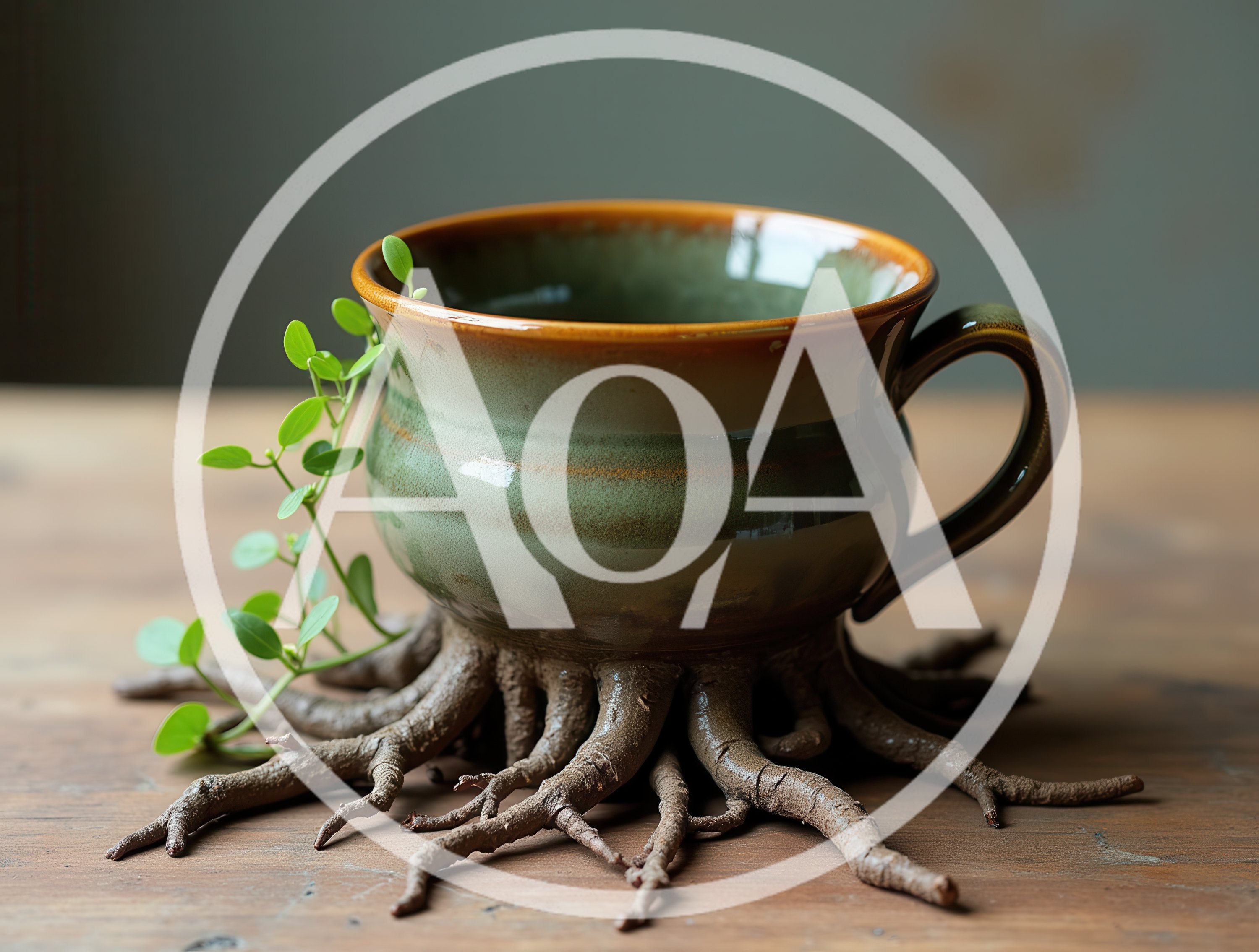 Ceramic Mug With Tree Root Base And Plant