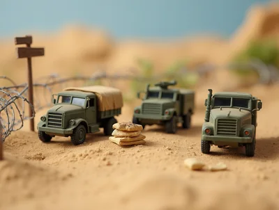 Miniature Military Trucks in a Desert Diorama