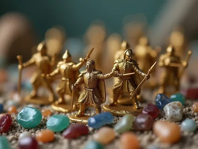 Golden Miniature Warrior Figurines Standing On Colorful Stones