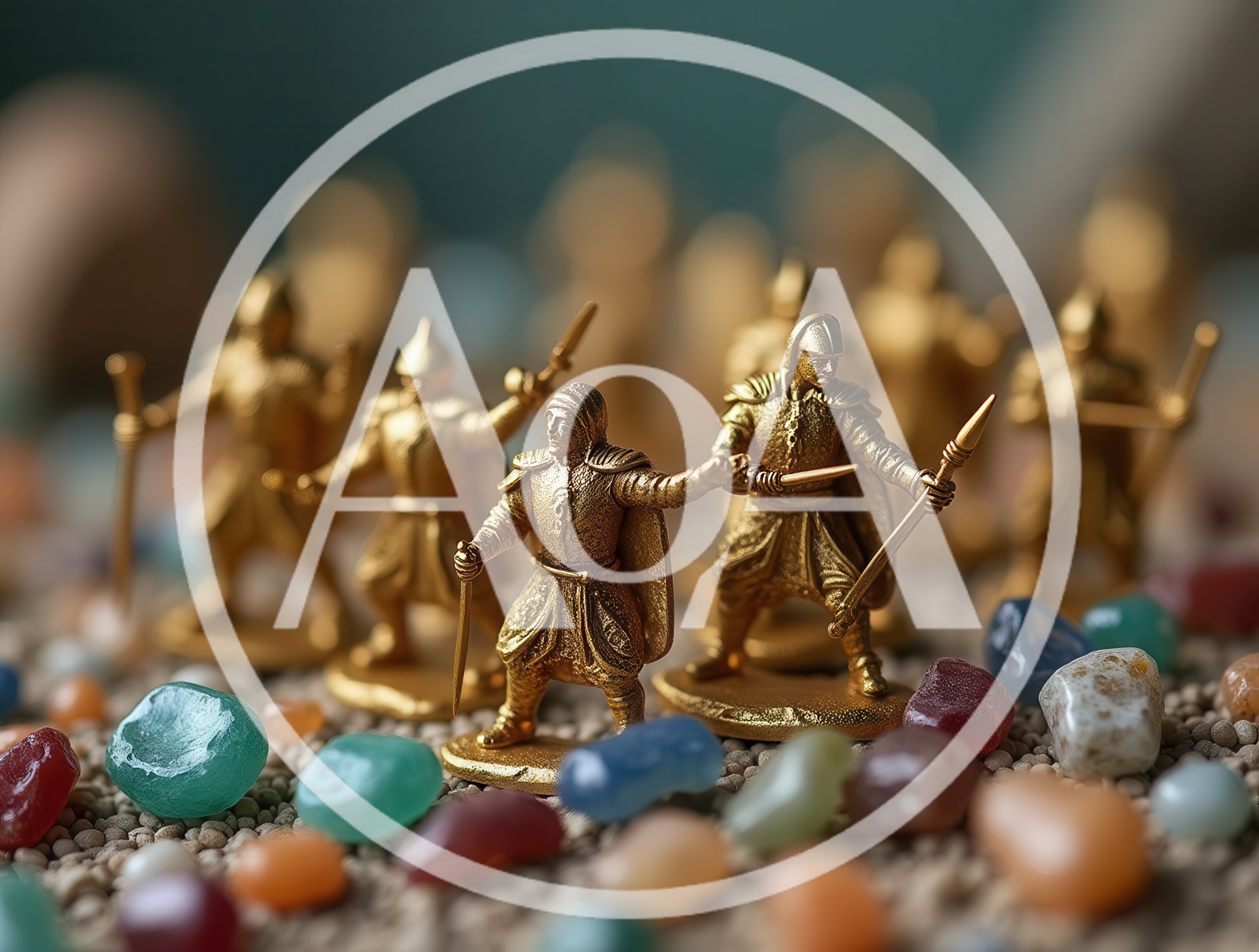 Golden Miniature Warrior Figurines Standing On Colorful Stones