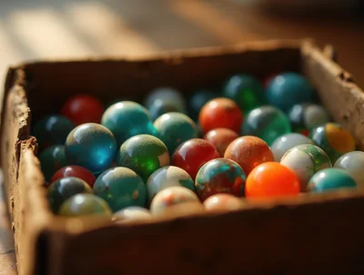 Vintage Marbles In A Weathered Cardboard Box
