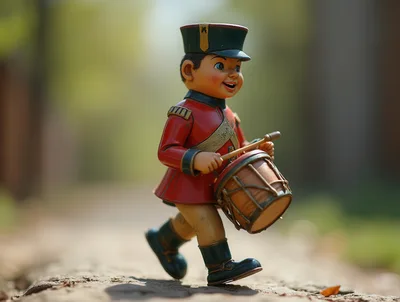 Vintage Toy Soldier Drummer Walking Outdoors